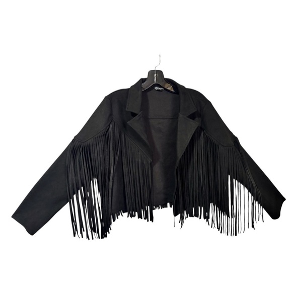 Black Faux Suede Cropped Fringe Jacket Western Boho Festival Women’s Medium - Picture 5 of 8